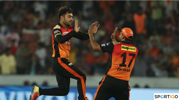 Rashid Khan in SRH colours celebrating after picking up a wicket against KXIP in 2018